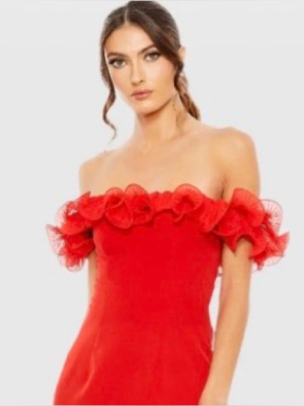 Mac Douggal Off The Shoulder Ruffle Detail Column Gown-Red Size 16 Style 49643 - Picture 7 of 7